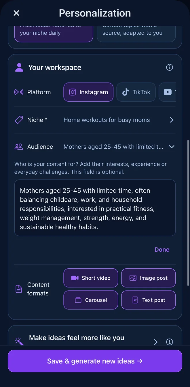 Personalization screen with platform, niche and audience for a home-workout creator